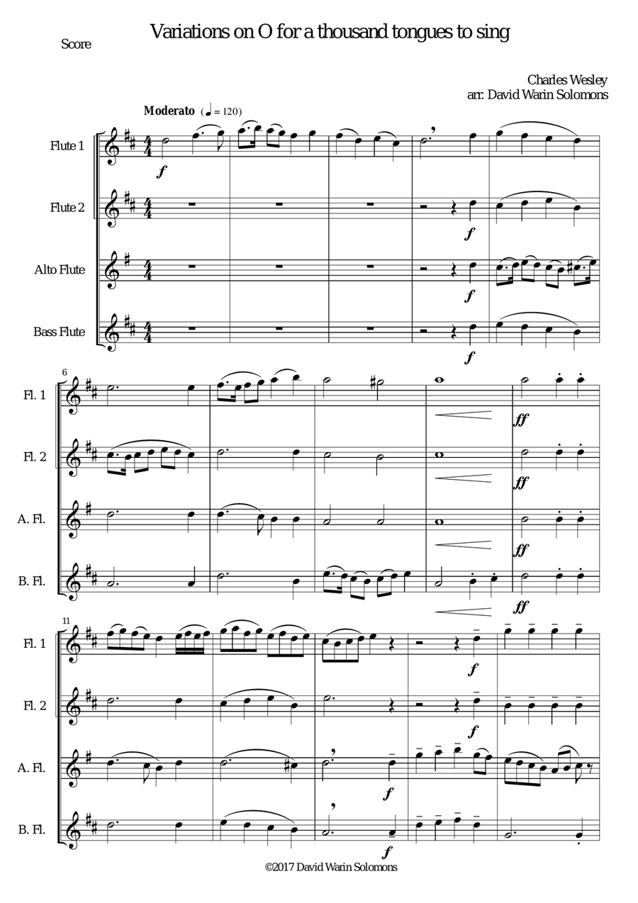 Variations on O for a thousand tongues to sing for Flute Quartet (2 flutes, alto and bass flutes) Flute Quartet scores gallery preview page 1