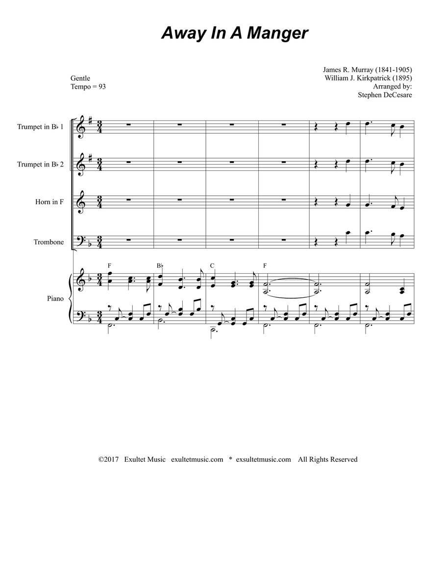 Away In A Manger (Brass Quartet and Piano) Brass Quartet scores gallery preview page 1