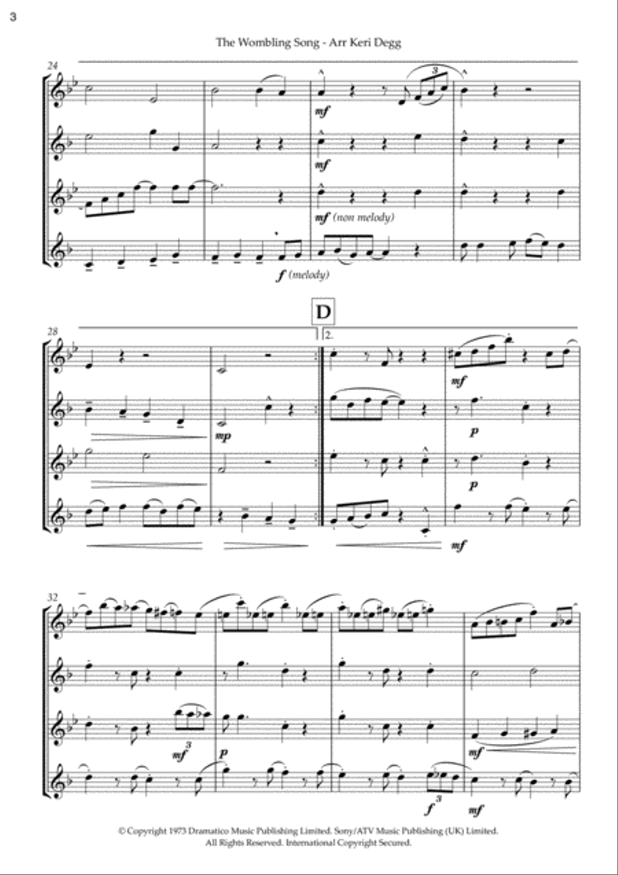 The Wombling Song Saxophone Quartet scores gallery preview page 4