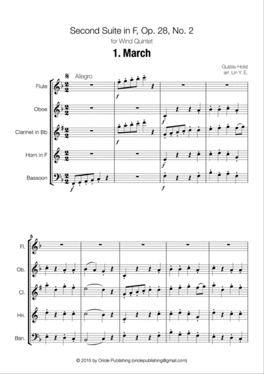 Holst - Second Suite in F for Military Band 1. March (arr. for Wind Quintet) Woodwind Quintet scores gallery preview page 2