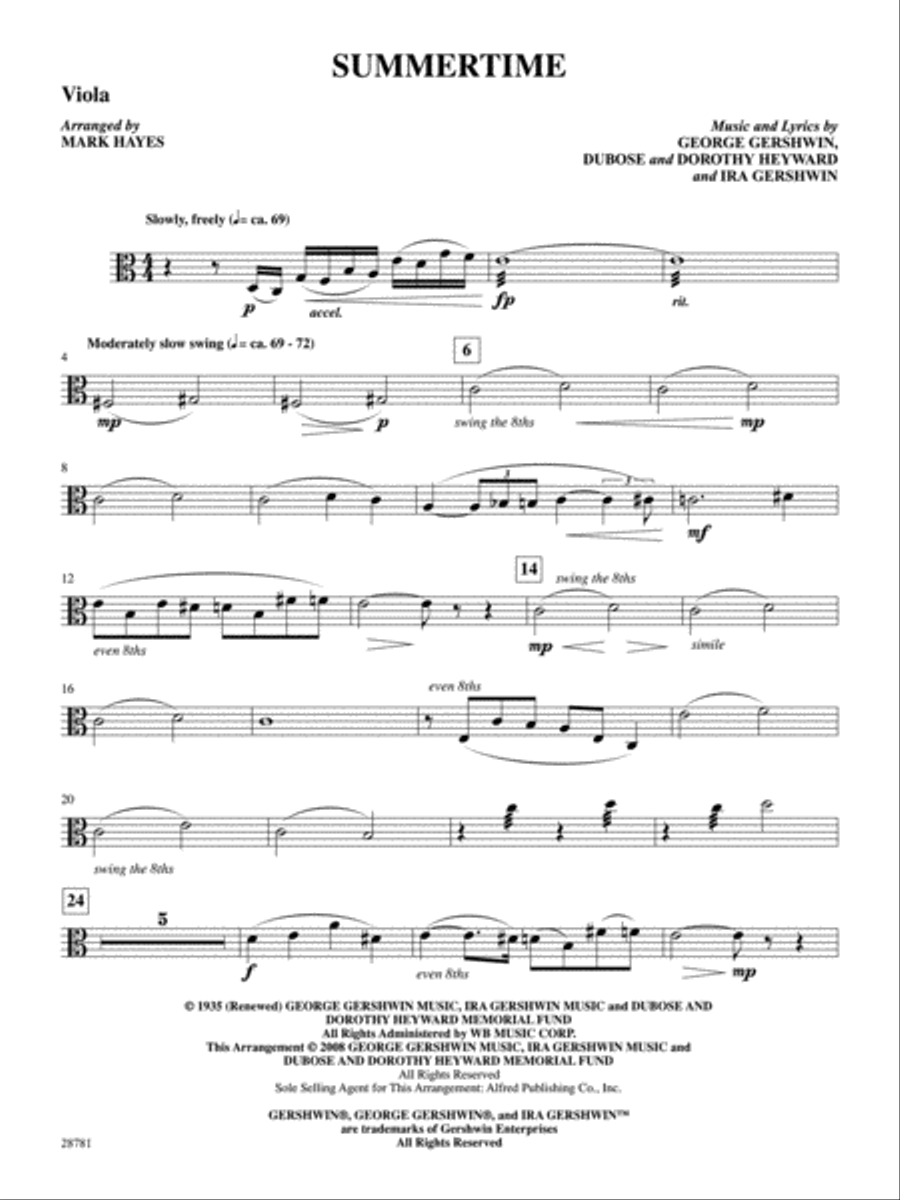 Summertime (from the musical Porgy and Bess): Viola Viola scores gallery preview page 1