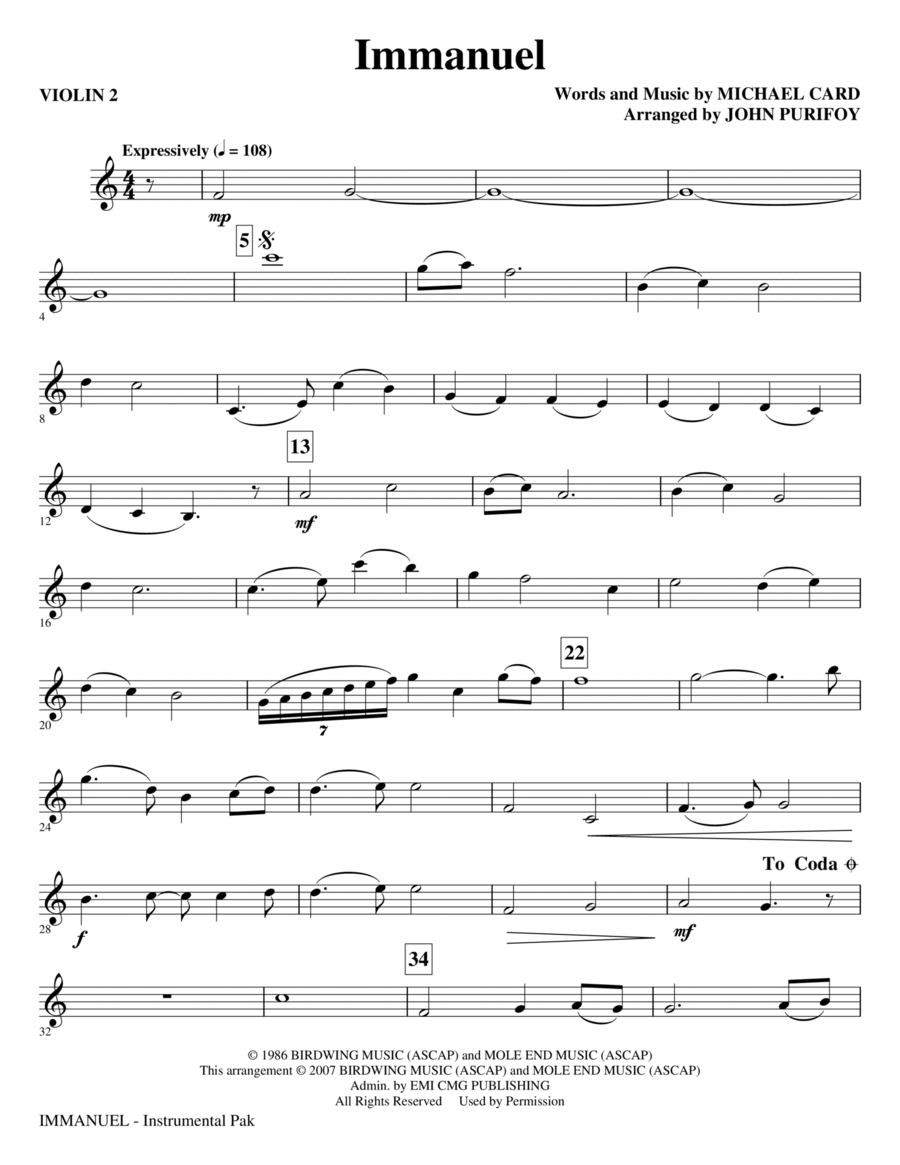 Immanuel (arr. John Purifoy) - Violin 2 Choir scores gallery preview page 1