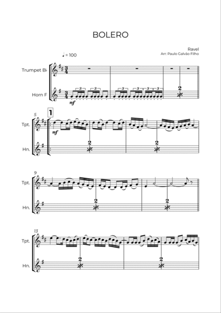 BOLERO - RAVEL - TRUMPET & HORN Brass Duet scores gallery preview page 2