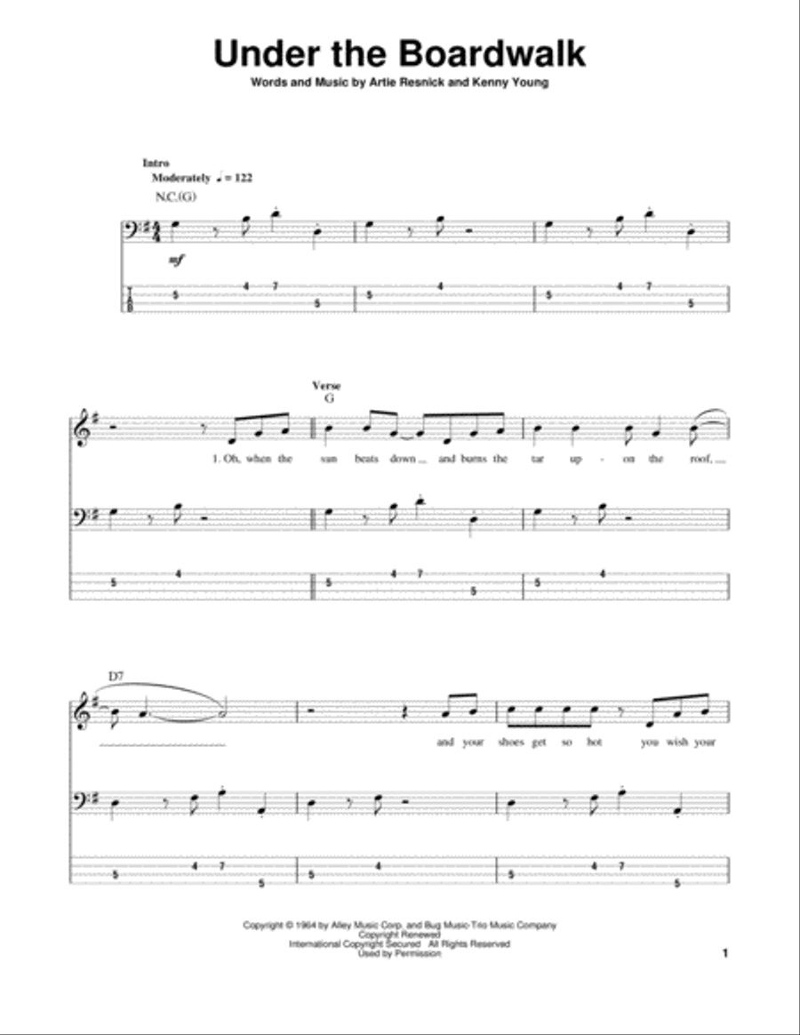 Under The Boardwalk Bass Guitar Tablature scores gallery preview page 1