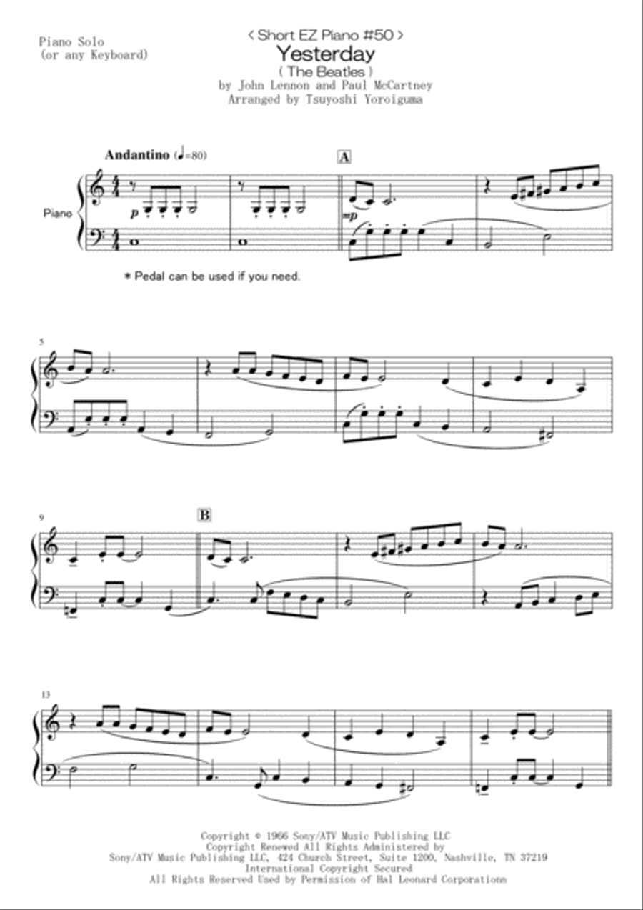 Yesterday Easy Piano scores gallery preview page 1
