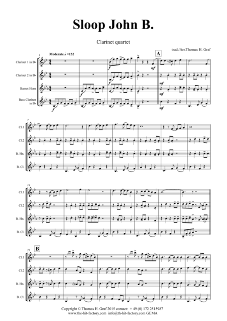 Sloop John B. - Caribian Folk Song - Clarinet Quartet Clarinet Quartet scores gallery preview page 1
