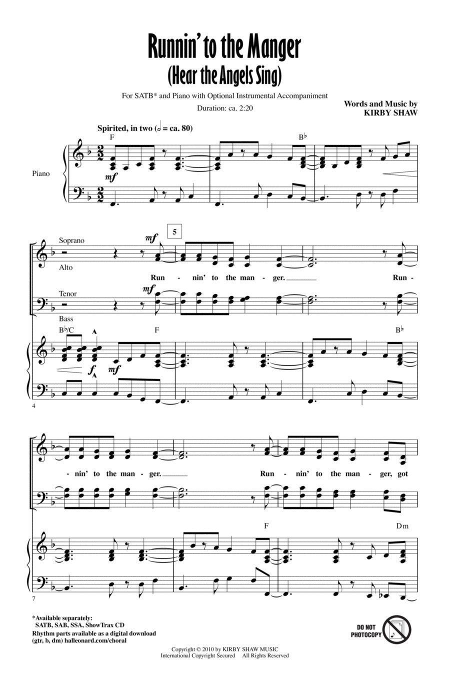 Runnin' To The Manger (Hear The Angels Sing) 4-Part scores gallery preview page 1