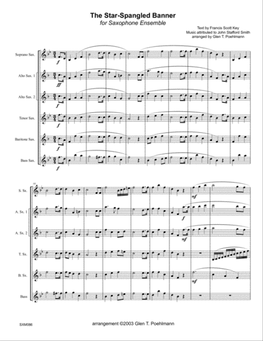 THE STAR-SPANGLED BANNER for SAXOPHONE ENSEMBLE (S-A-A-T-B-Bs) Woodwind Ensemble scores gallery preview page 1