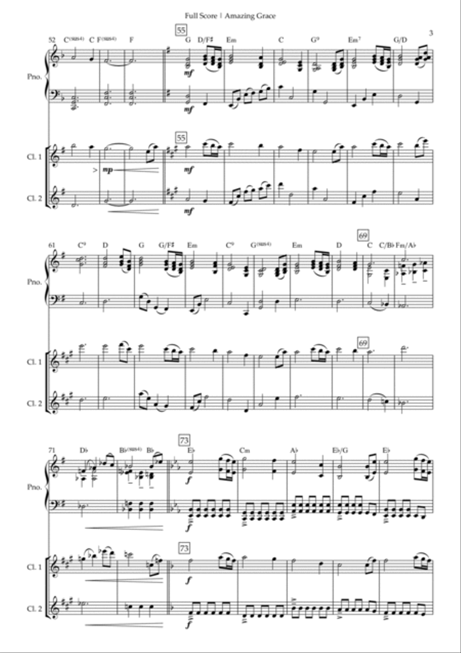 Amazing Grace (John Newton, E. O. Excell) for Clarinet in Bb Duo and Piano Accompaniment with Chords Woodwind Duet scores gallery preview page 3