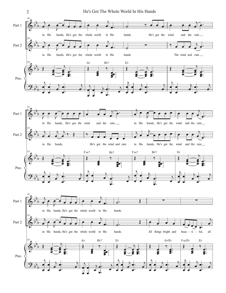 He's Got The Whole World In His Hands (2-part choir) - Easy Choir Version) 2-Part scores gallery preview page 2