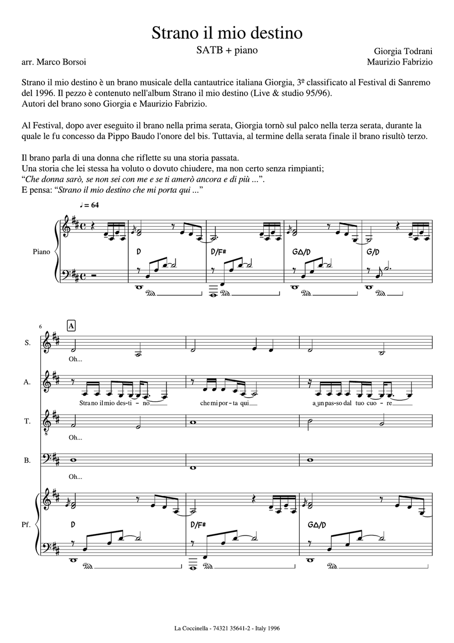 Strano il mio Destino for SATB + Piano (complete score + piano acc. + piano rehearsal + text and tra 4-Part scores gallery preview page 2