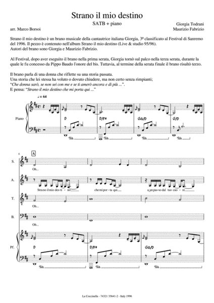 Strano il mio Destino for SATB + Piano (complete score + piano acc. + piano rehearsal + text and tra image number null