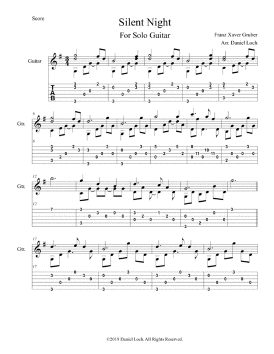 Silent Night For Solo Guitar Guitar Tablature scores gallery preview page 1
