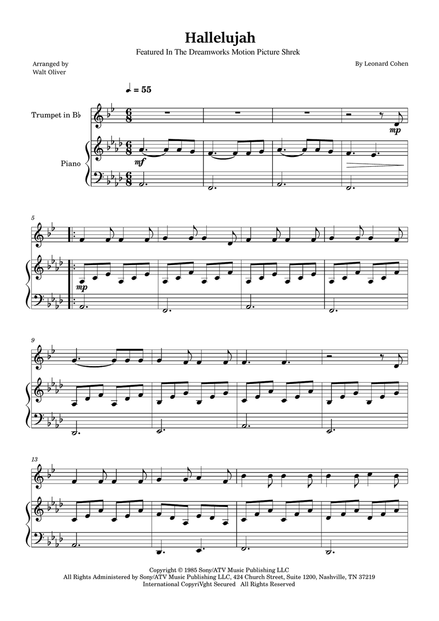 Hallelujah B-Flat Trumpet scores gallery preview page 1