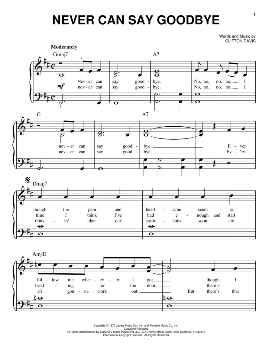 Never Can Say Goodbye Easy Piano scores gallery preview page 1