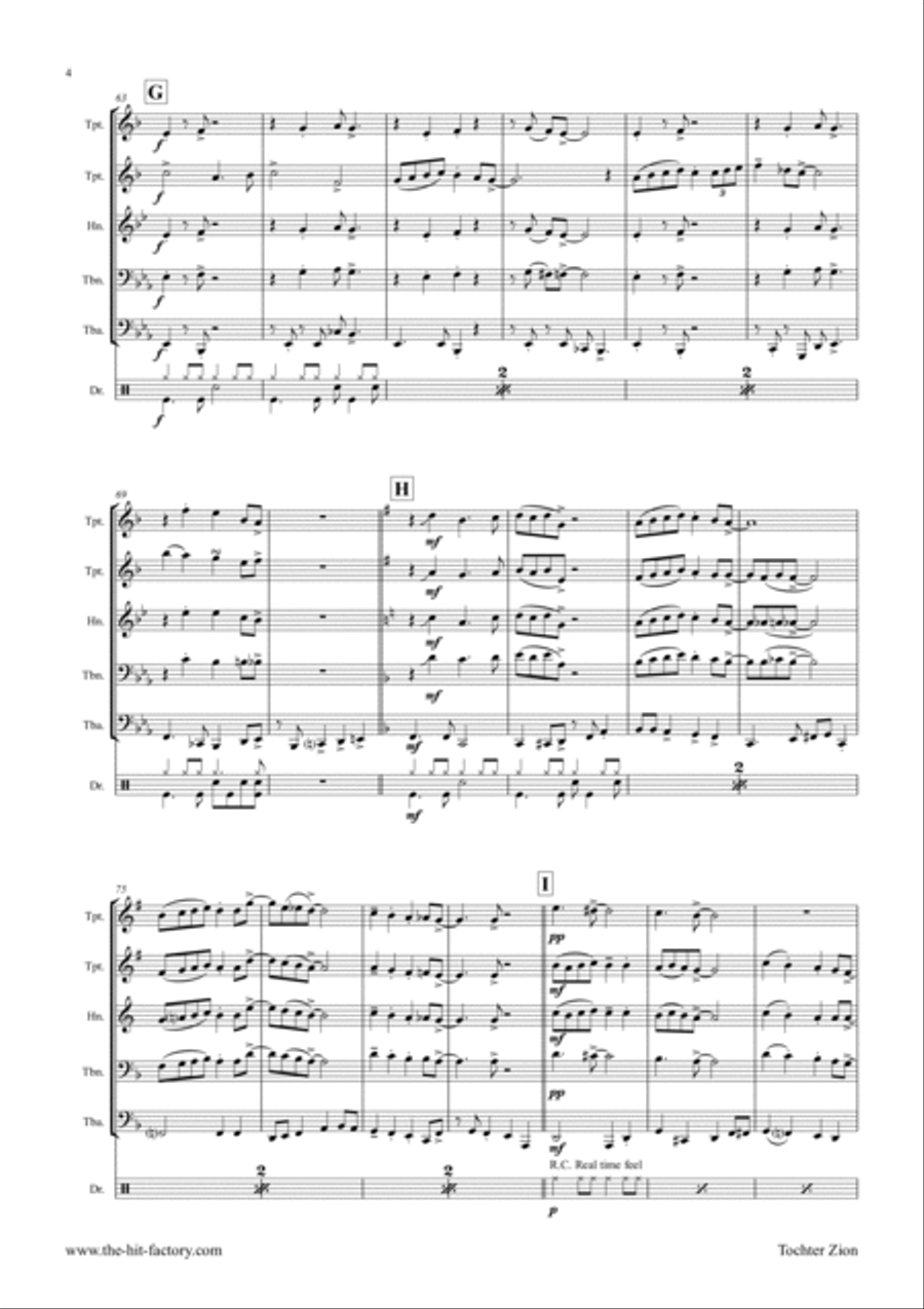 Daughter Zion, rejoice from Judas Maccabaeus - Choral & Shuffle - Brass Quintet Choir scores gallery preview page 4