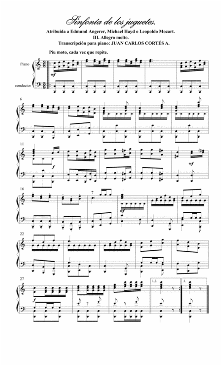 Sinfonía de los juguetes (Toy Symphony) III Movimiento Piano Solo scores gallery preview page 1