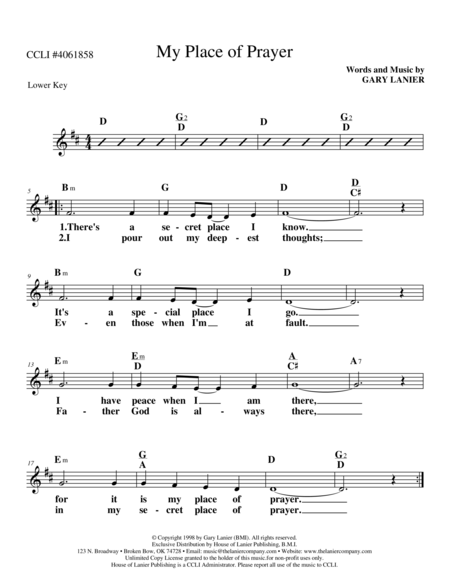 MY PLACE OF PRAYER (Lead Sheet in the key of D with Melody, Guitar Chords & Lyrics) image number null