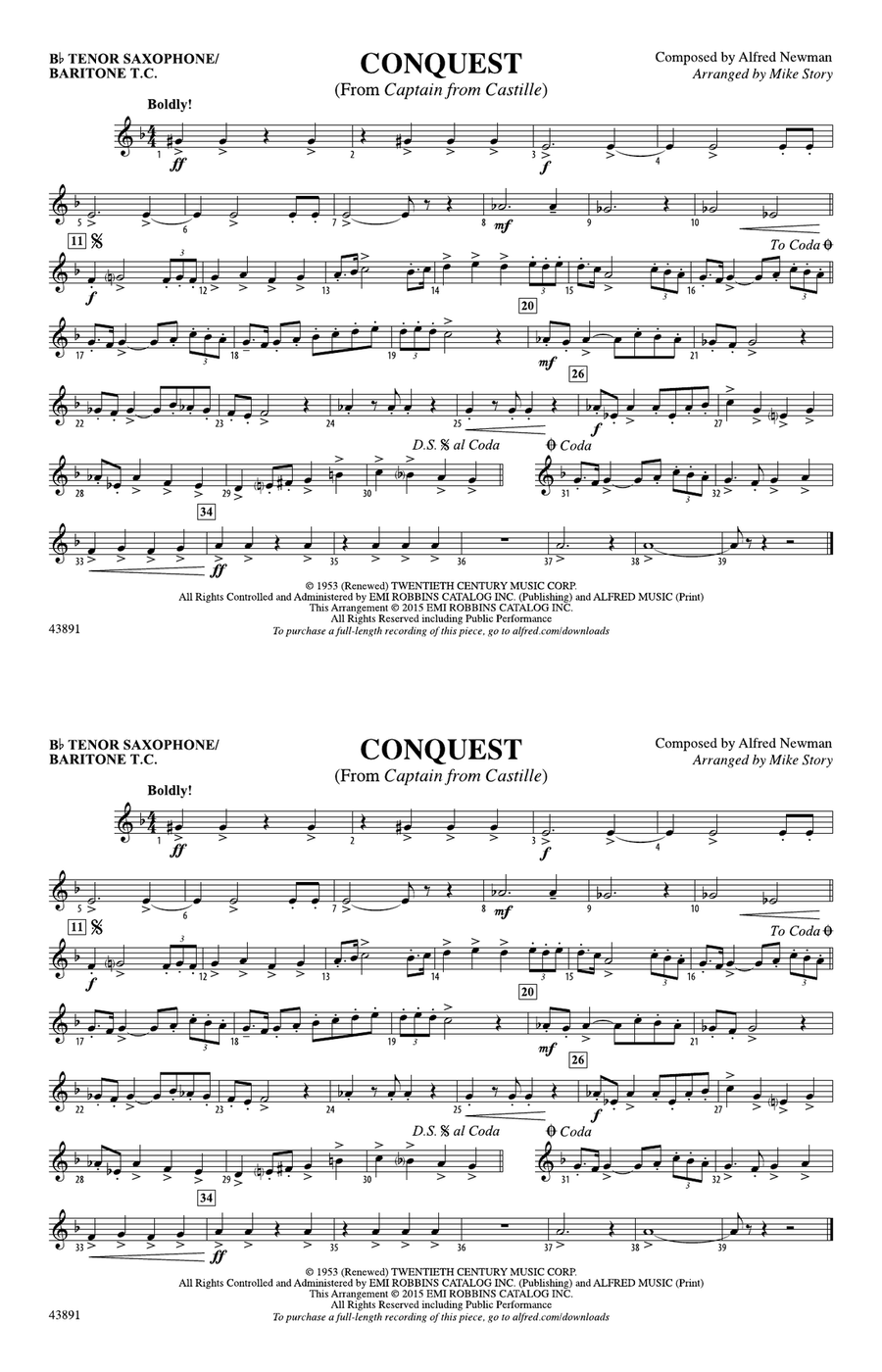Conquest (from Captain from Castille): Bb Tenor Saxophone/Bartione Treble Clef