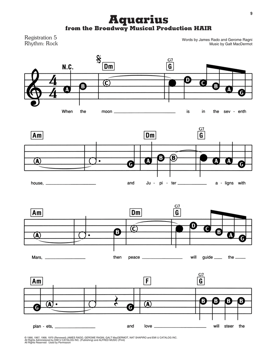 Aquarius (from the musical Hair) Electronic Keyboard scores gallery preview page 1