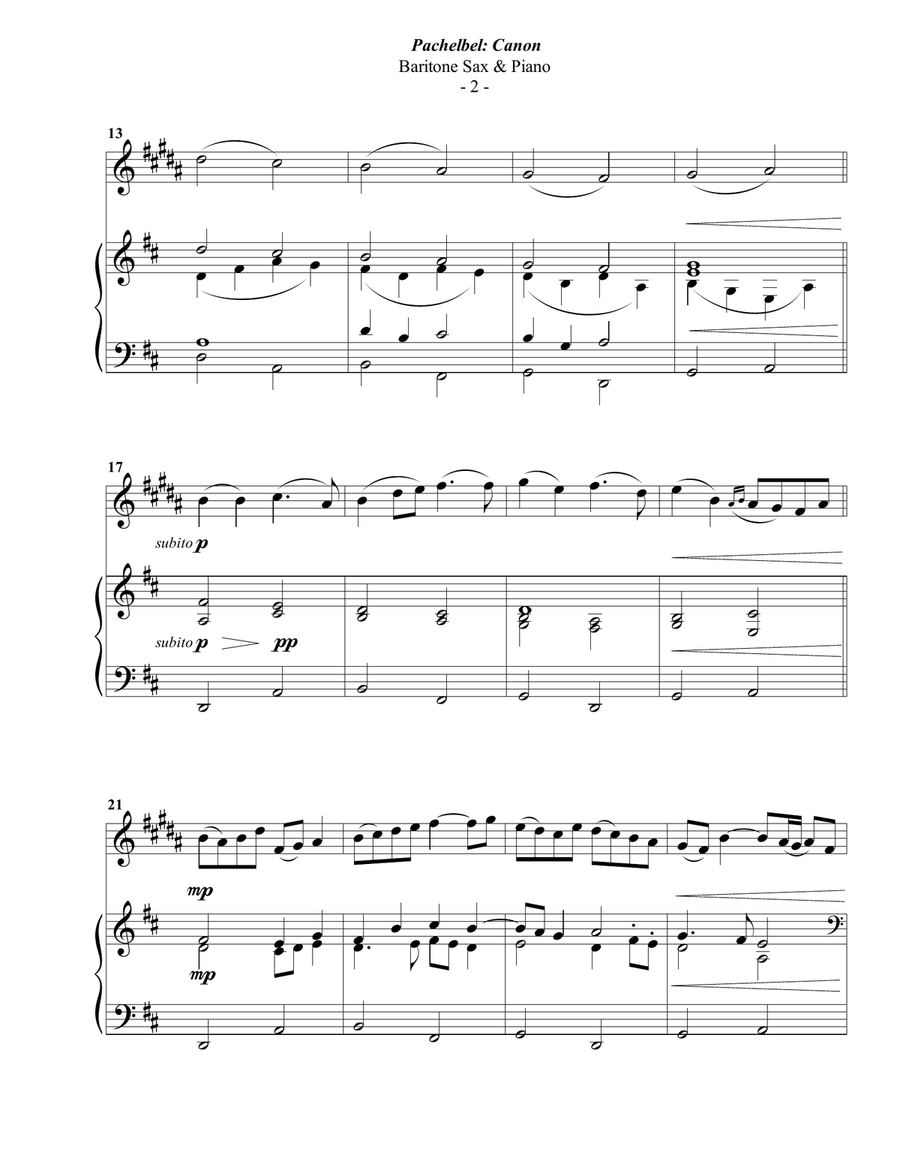 Pachelbel: Canon for Baritone Sax & Piano Baritone Saxophone scores gallery preview page 2
