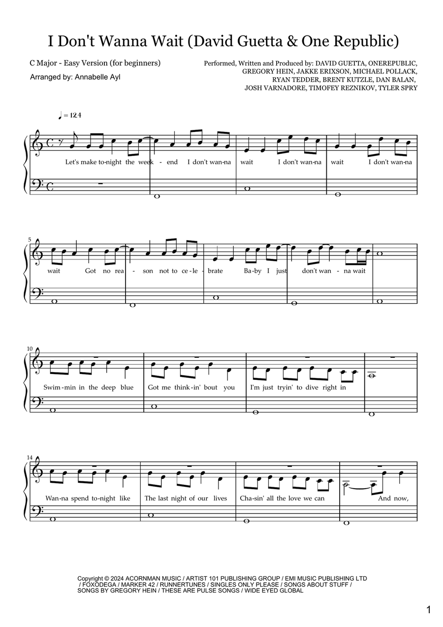 I Don't Wanna Wait Easy Piano scores gallery preview page 1