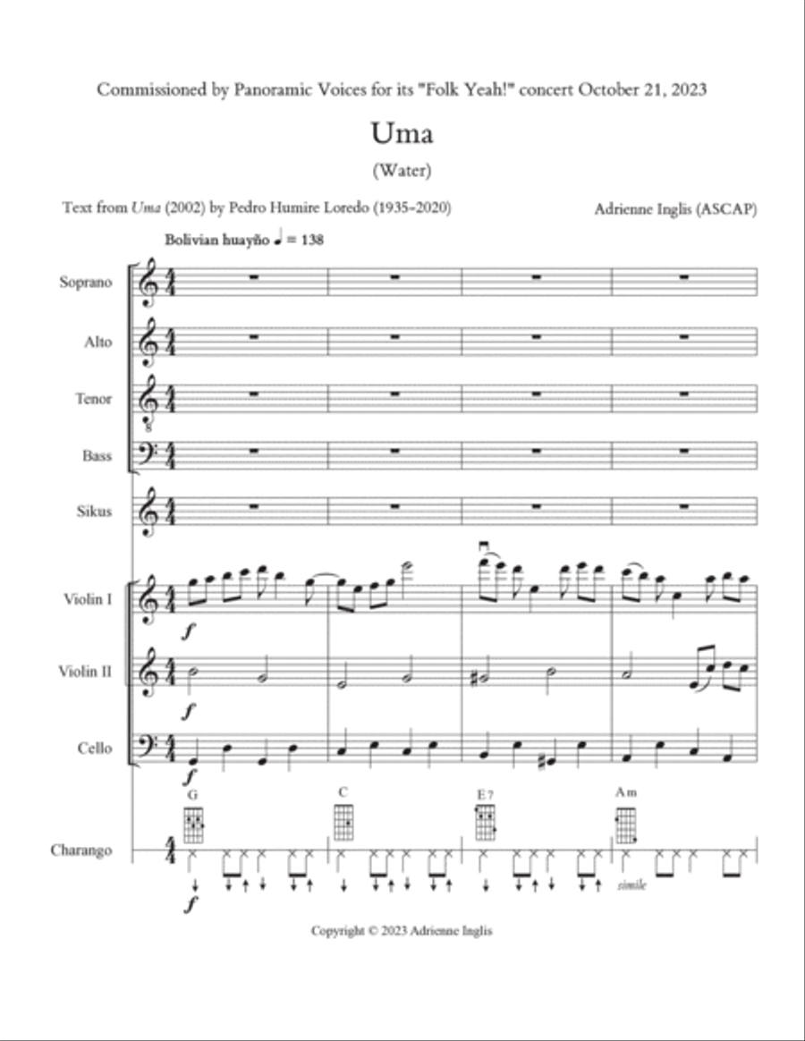 Uma for SATB and string quartet, with optional charango and sikus 4-Part scores gallery preview page 3