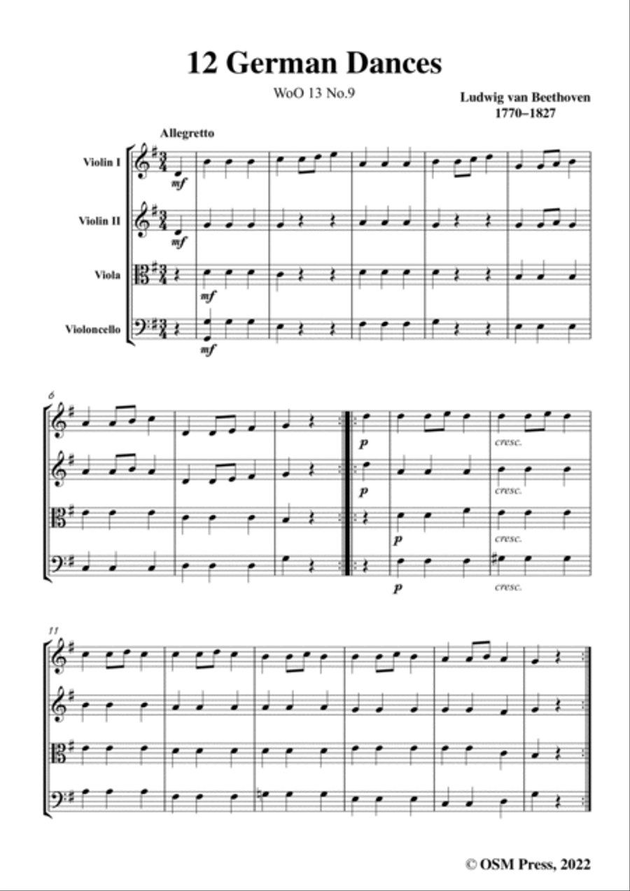 Beethoven-German Dance,WoO 13 No.9,for String Quartet String Quartet scores gallery preview page 3