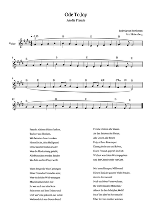 Beethoven - Ode To Joy for voice with chords in E (Lyrics in German) 