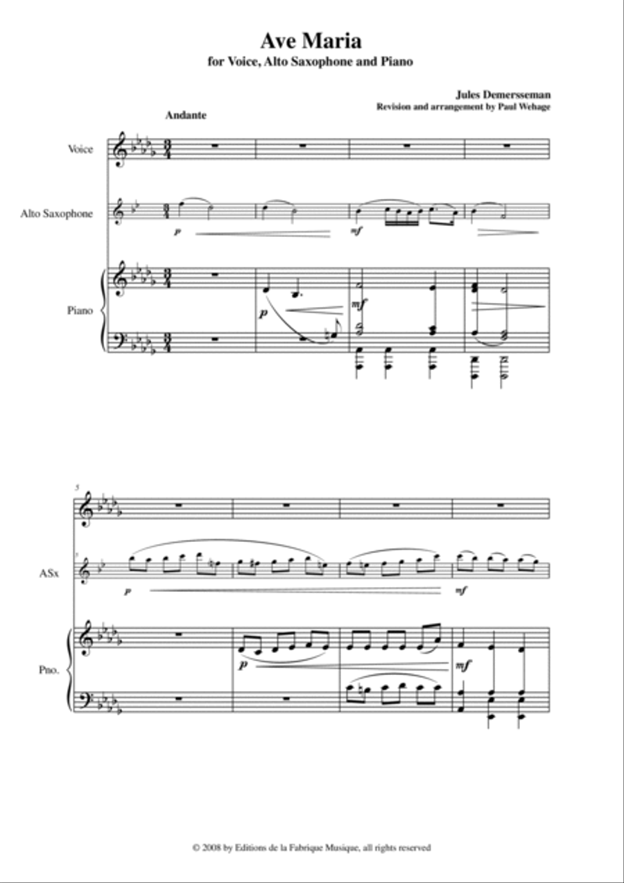 Jules Demersseman : Ave Maria for medium voice, alto saxophone and piano Small Ensemble scores gallery preview page 2