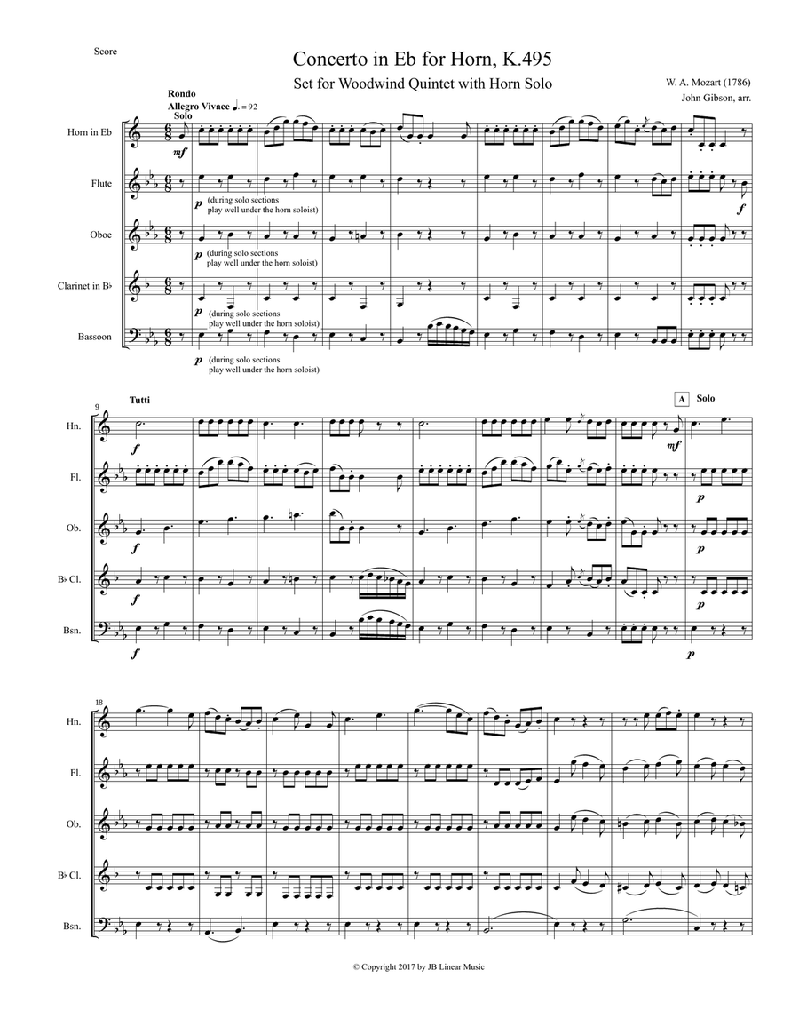 Mozart - Rondo from Concerto in Eb for Horn with wind quintet Woodwind Quintet scores gallery preview page 2