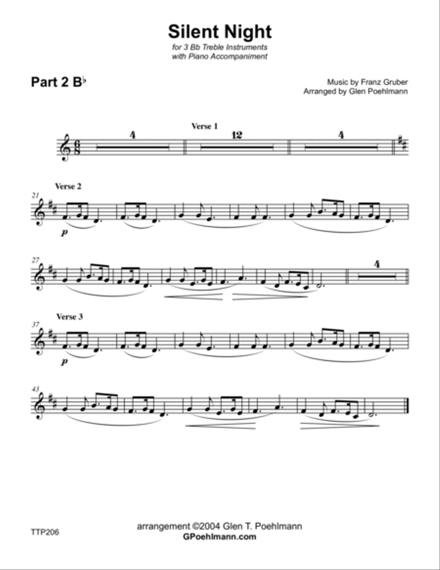 SILENT NIGHT - 1, 2 or 3 Bb TREBLE INSTRUMENTS with Piano Accompaniment Small Ensemble scores gallery preview page 6