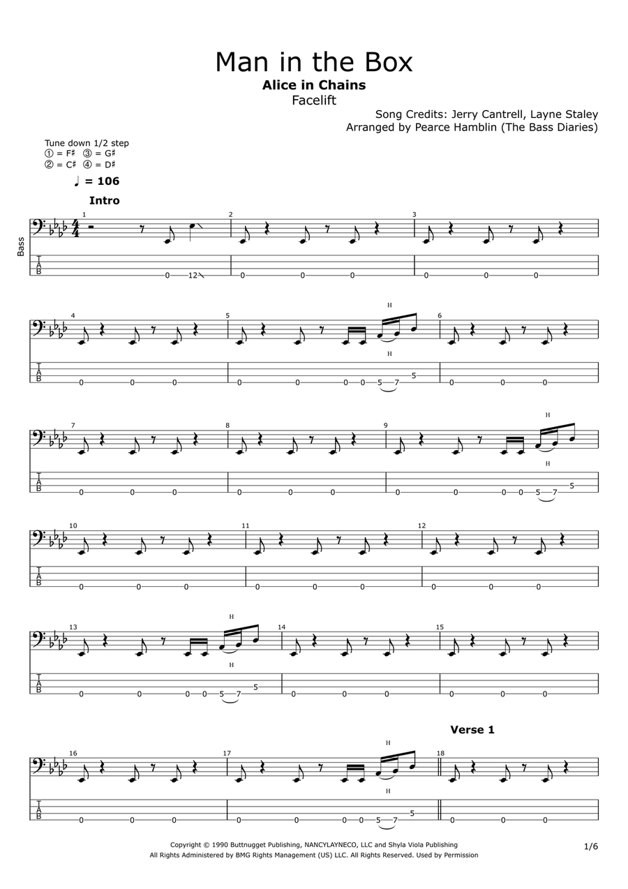 Man In The Box Bass Guitar Tablature scores gallery preview page 1
