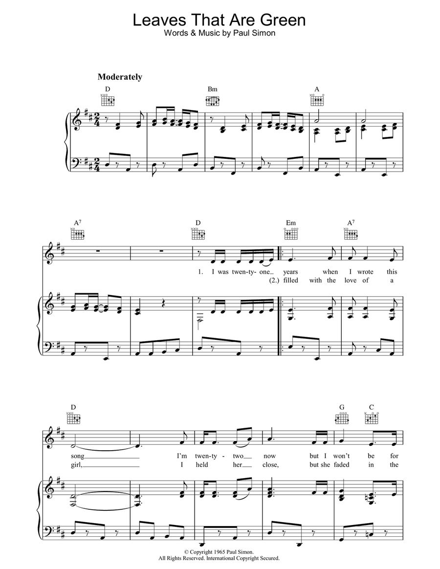 Leaves That Are Green Piano, Vocal, Guitar scores gallery preview page 1