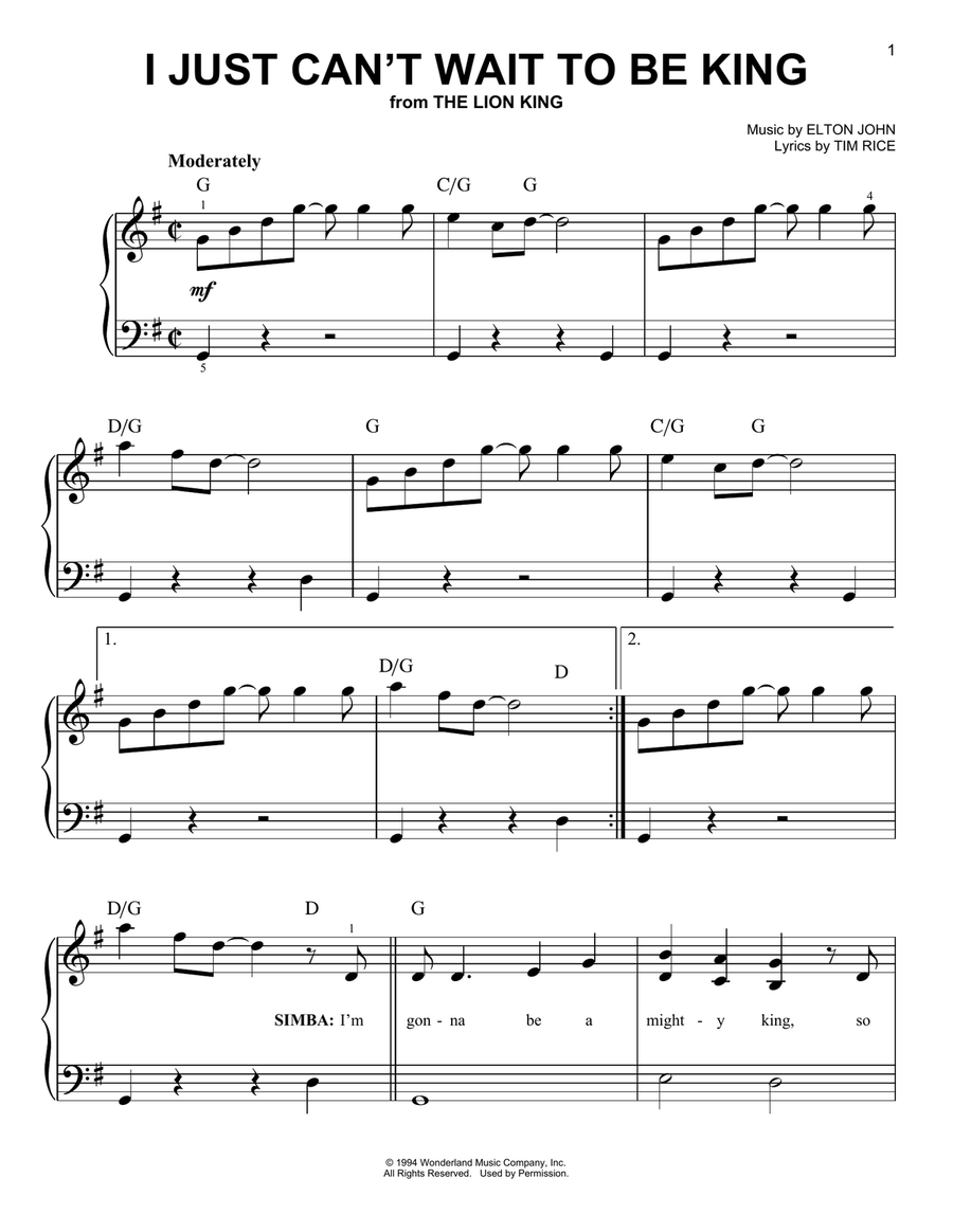 I Just Can't Wait To Be King (from The Lion King) Easy Piano scores gallery preview page 1