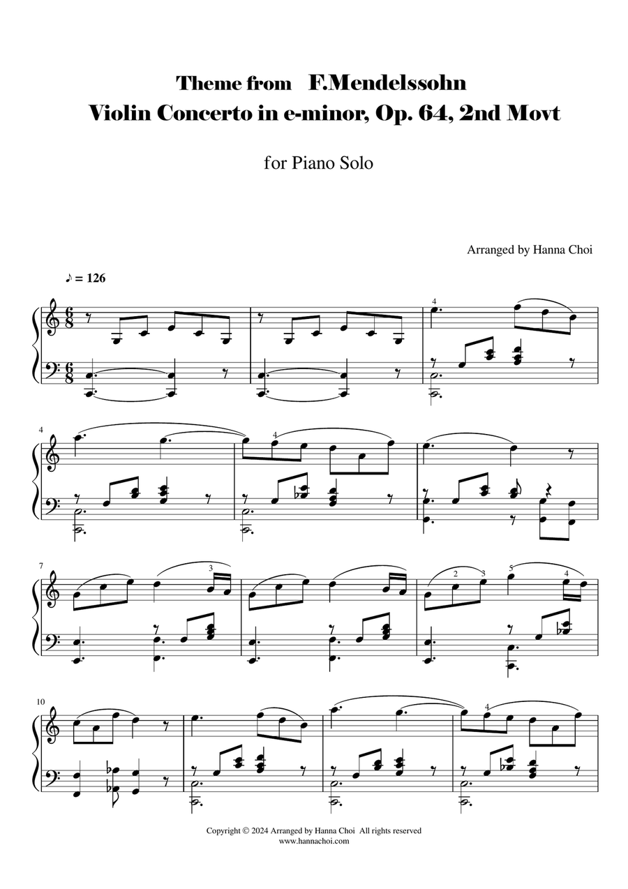 Theme from Mendelssohn Violin Concerto in e-minor, Op. 64, 2.Movt [For Piano Solo] Piano Solo scores gallery preview page 1