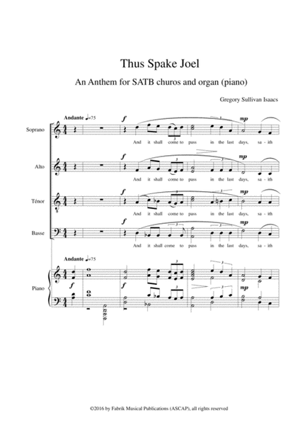 Gregory Sullivan Isaacs: Thus Spake Joel for SATB chorus and piano or organ, chorus part