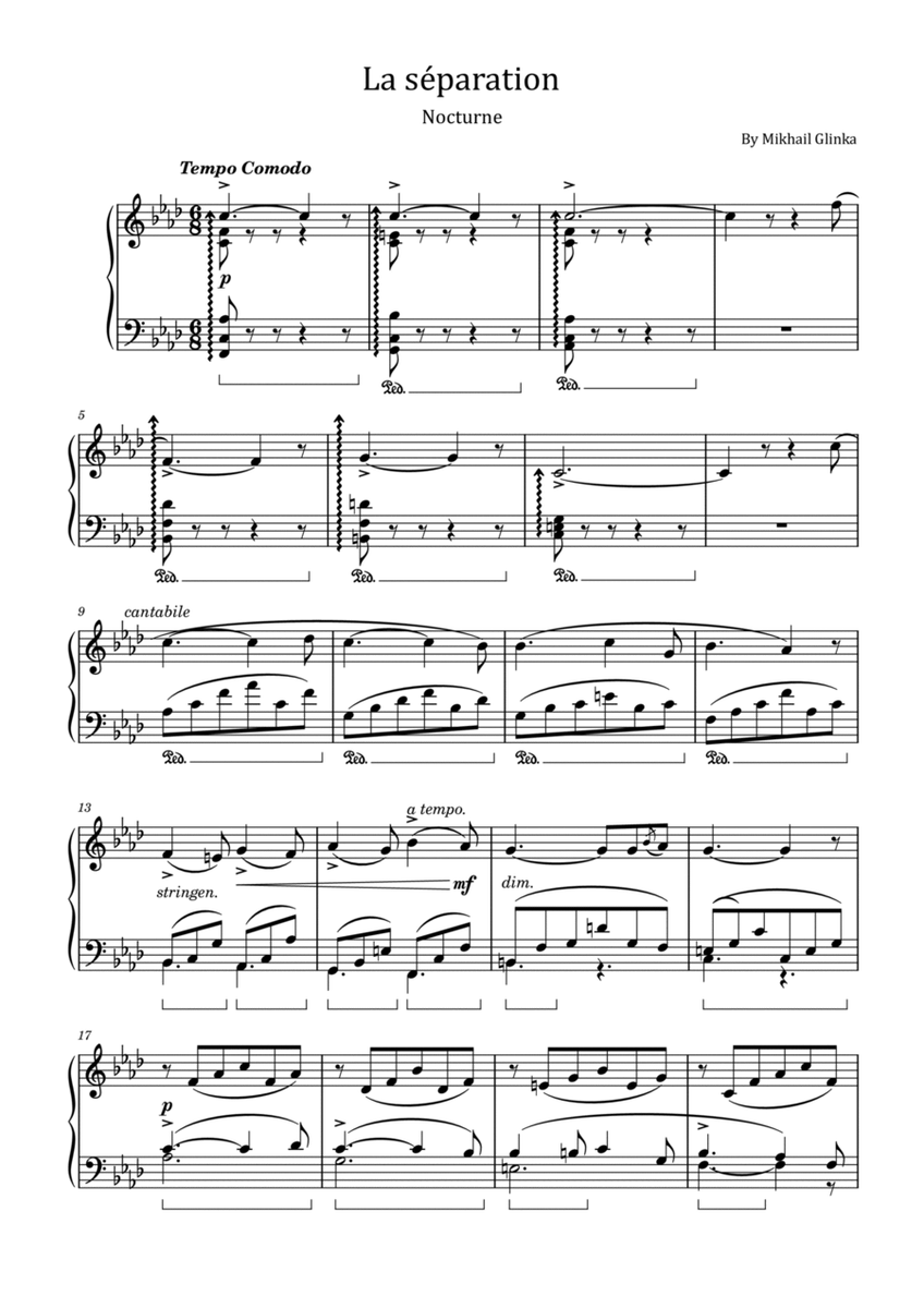 Glinka - La séparation – Nocturne in F Minor - For Piano Solo Original image number null