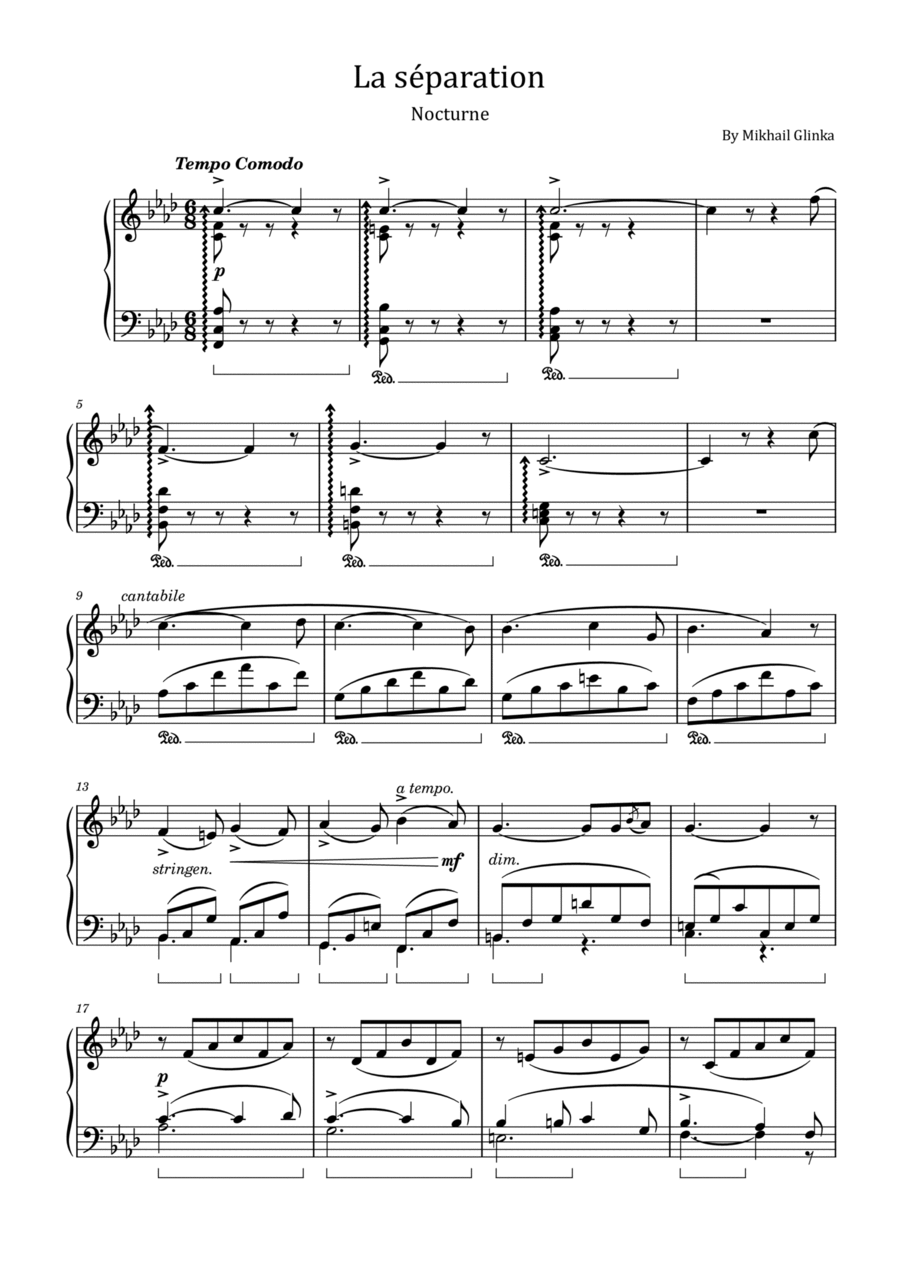 Glinka - La séparation – Nocturne in F Minor - For Piano Solo Original Piano Solo scores gallery preview page 1
