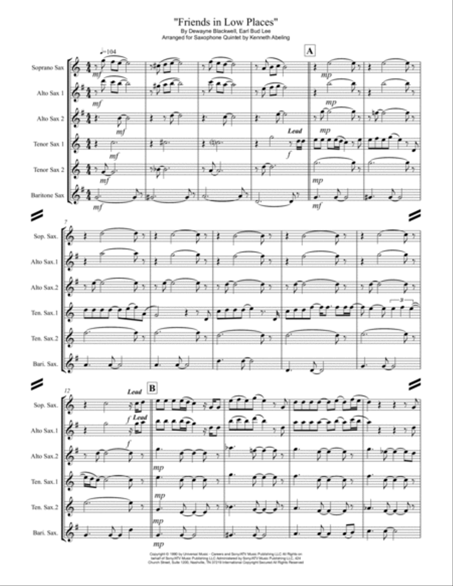 Friends In Low Places Saxophone Quintet scores gallery preview page 2