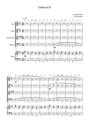 Canon in D - Johann Pachelbel for Woodwind Quartet with piano and chords.