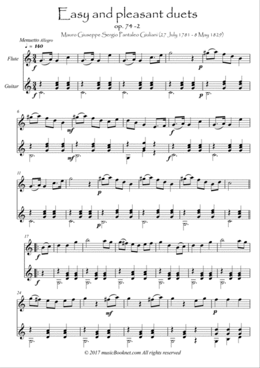Easy Flute Guitar duets by Giuliani 74-2 Flute scores gallery preview page 1