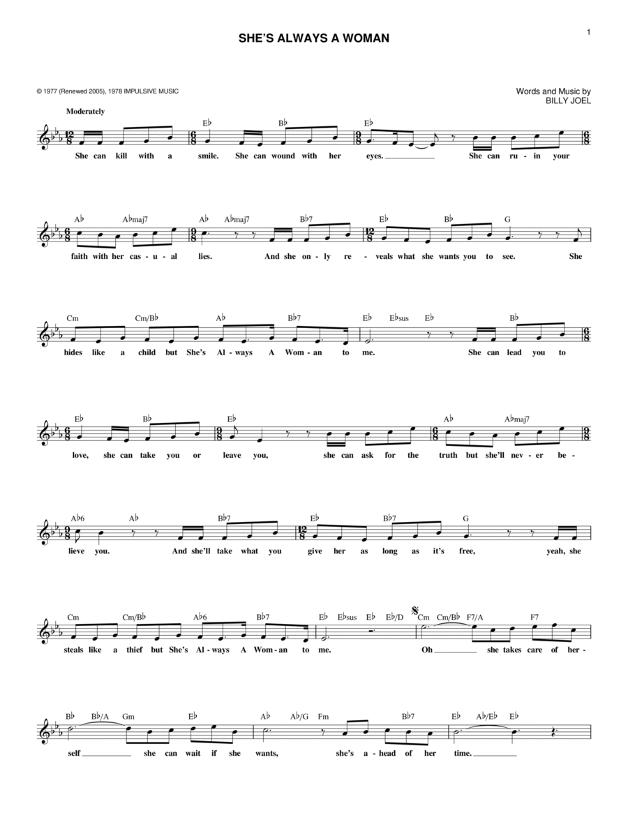 She's Always A Woman Piano scores gallery preview page 1