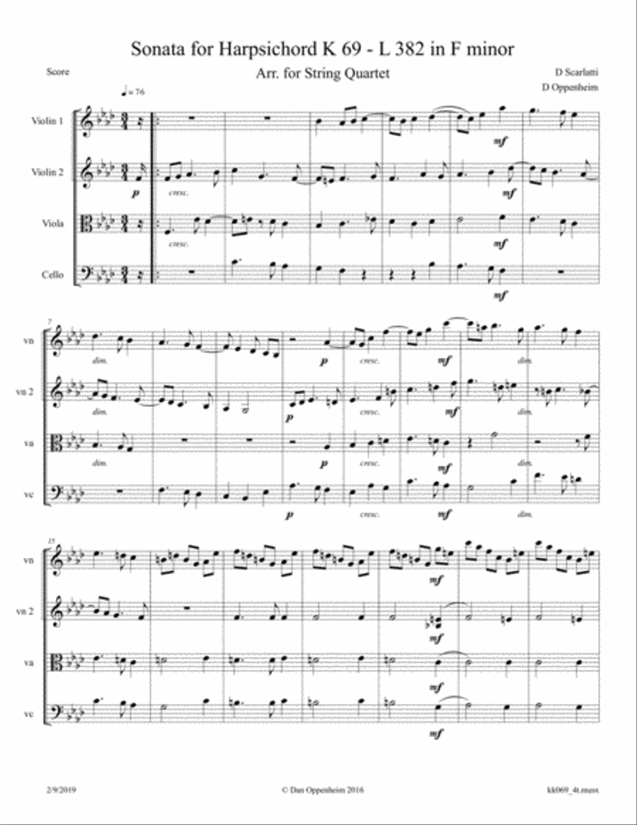 Scarlatti, D: Sonata in F minor K 69 - L382 arranged for String Quartet String Quartet scores gallery preview page 1