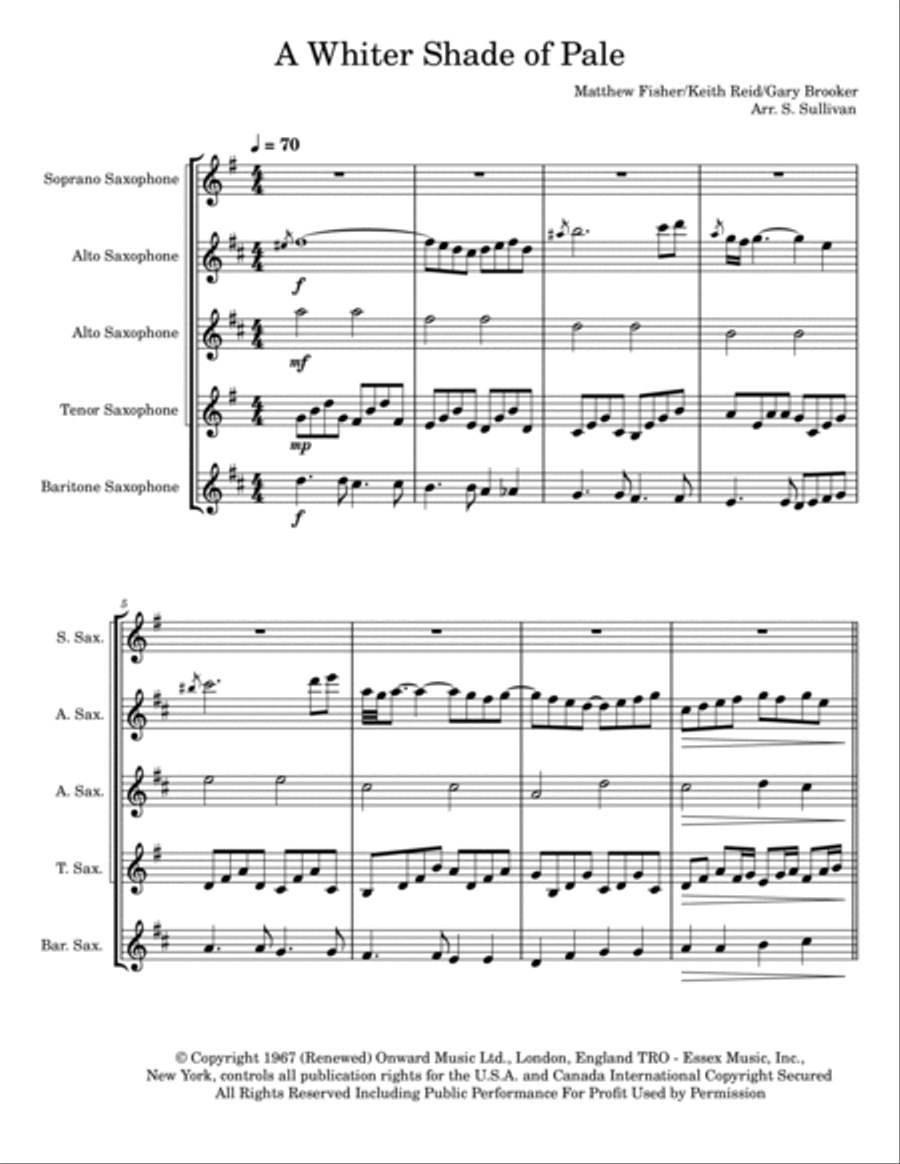 A Whiter Shade Of Pale Saxophone Quintet scores gallery preview page 2