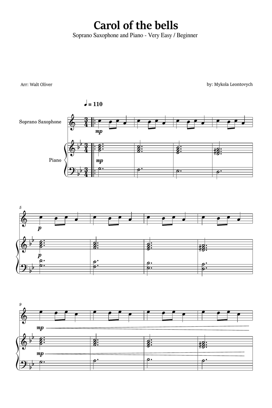 Carol of the Bells for Soprano Saxophone and Piano (Very Easy - Beginner) in G minor Soprano Saxophone scores gallery preview page 1