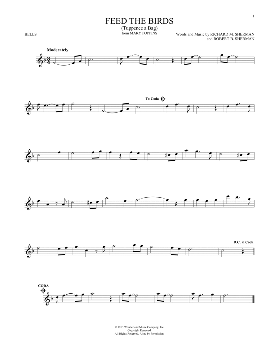 Feed The Birds (Tuppence A Bag) (from Mary Poppins) Glockenspiel scores gallery preview page 1