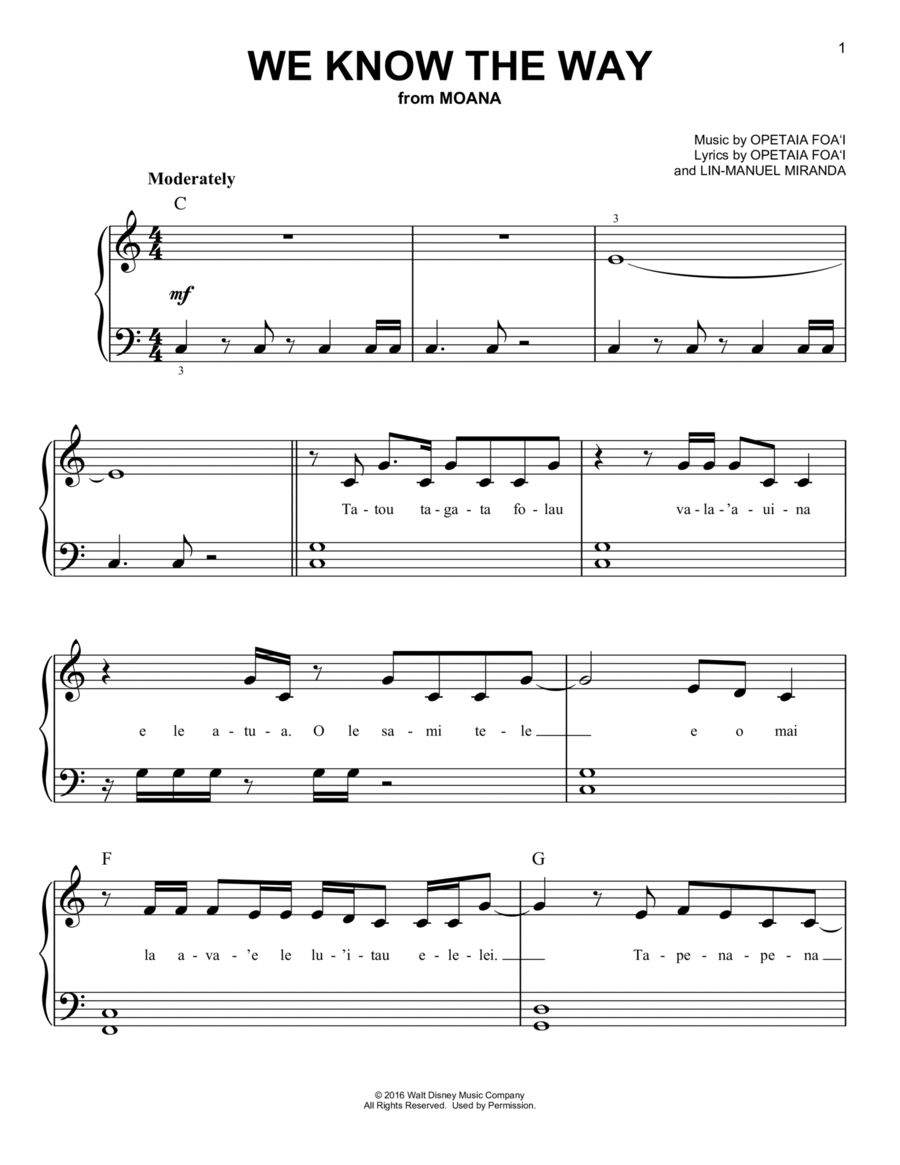 We Know The Way (from Moana) Easy Piano scores gallery preview page 1