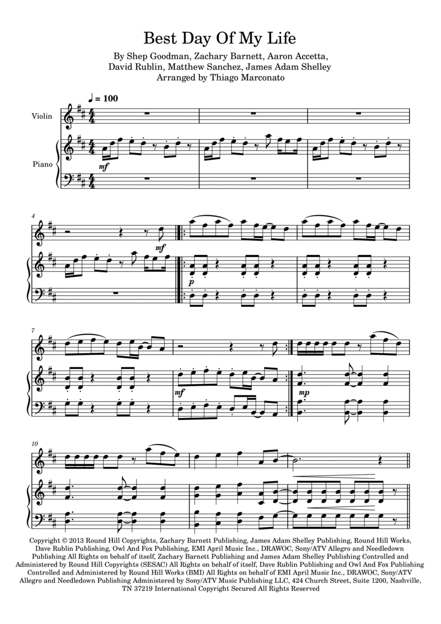 Best Day Of My Life Violin Solo scores gallery preview page 1