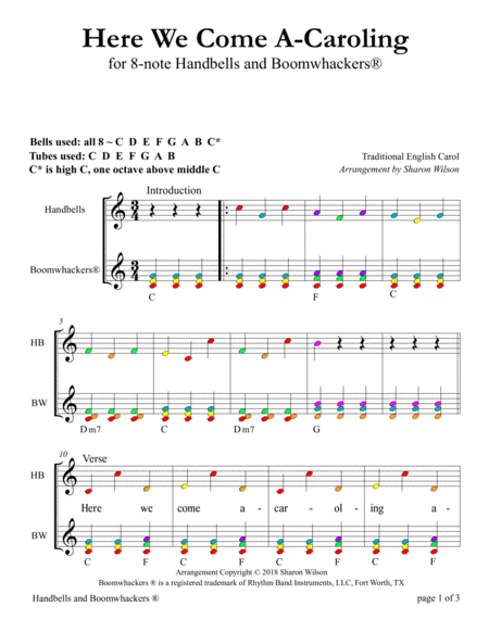 Here We Come A-Caroling for 8-note Bells and Boomwhackers (with Color Coded Notes) image number null